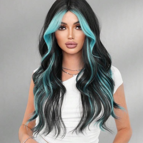 NICKY WALL Highlight Blue Wig Mixed Black Long Wave Curly Wigs